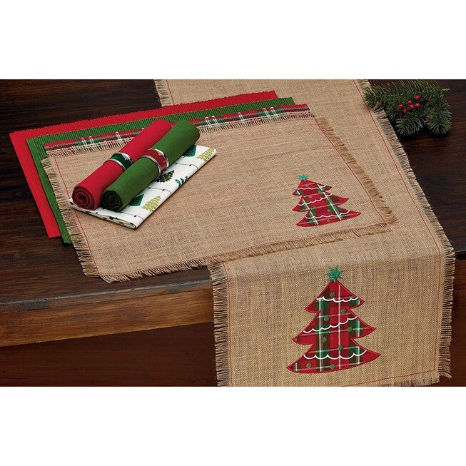 Embroidered Tree Burlap Table Runner, , alternate image number null