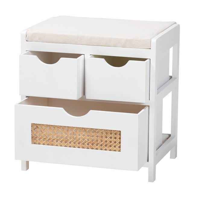 Bastian Modern And Contemporary Light Beige Fabric And White Finished Wood 3-Drawer Storage Bench With Natural Rattan, , on-hover image number null
