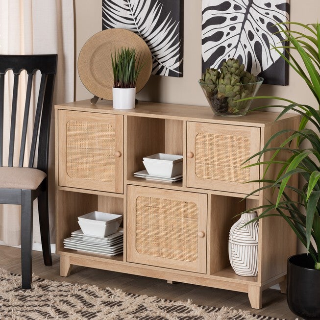 Elsbeth Mid-Century Modern Light Brown Finished Wood And Natural Rattan 3-Door Sideboard, , alternate image number 7