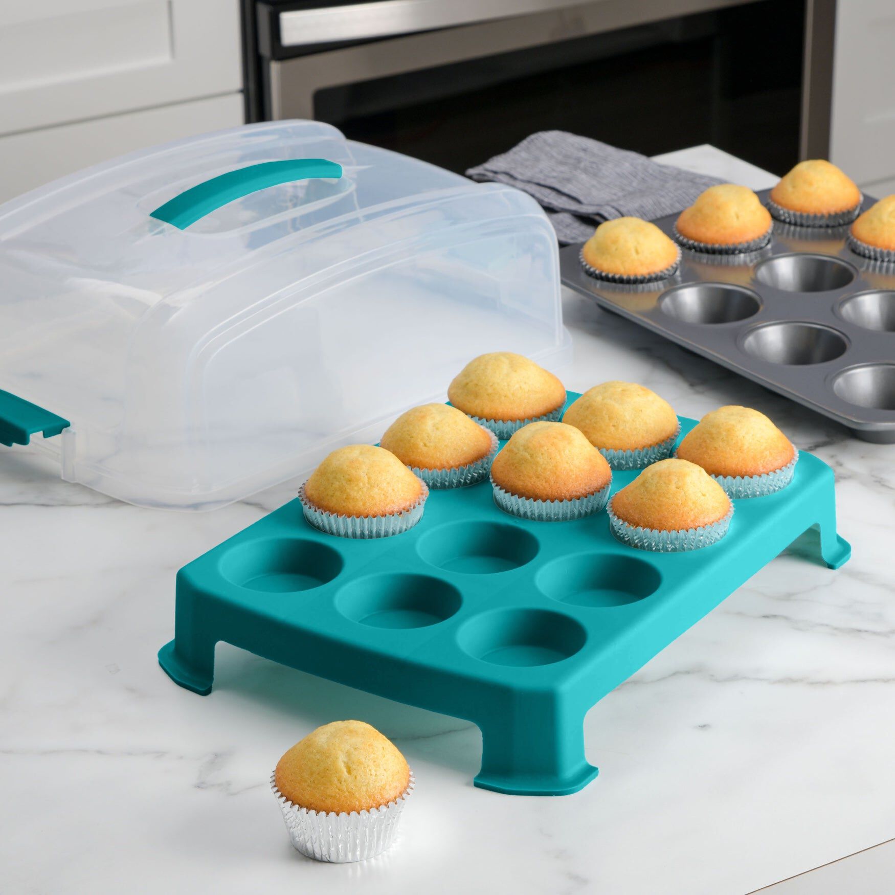 24 Cup Muffin Pan with Carrying Lid, TEAL, hi-res image number 0