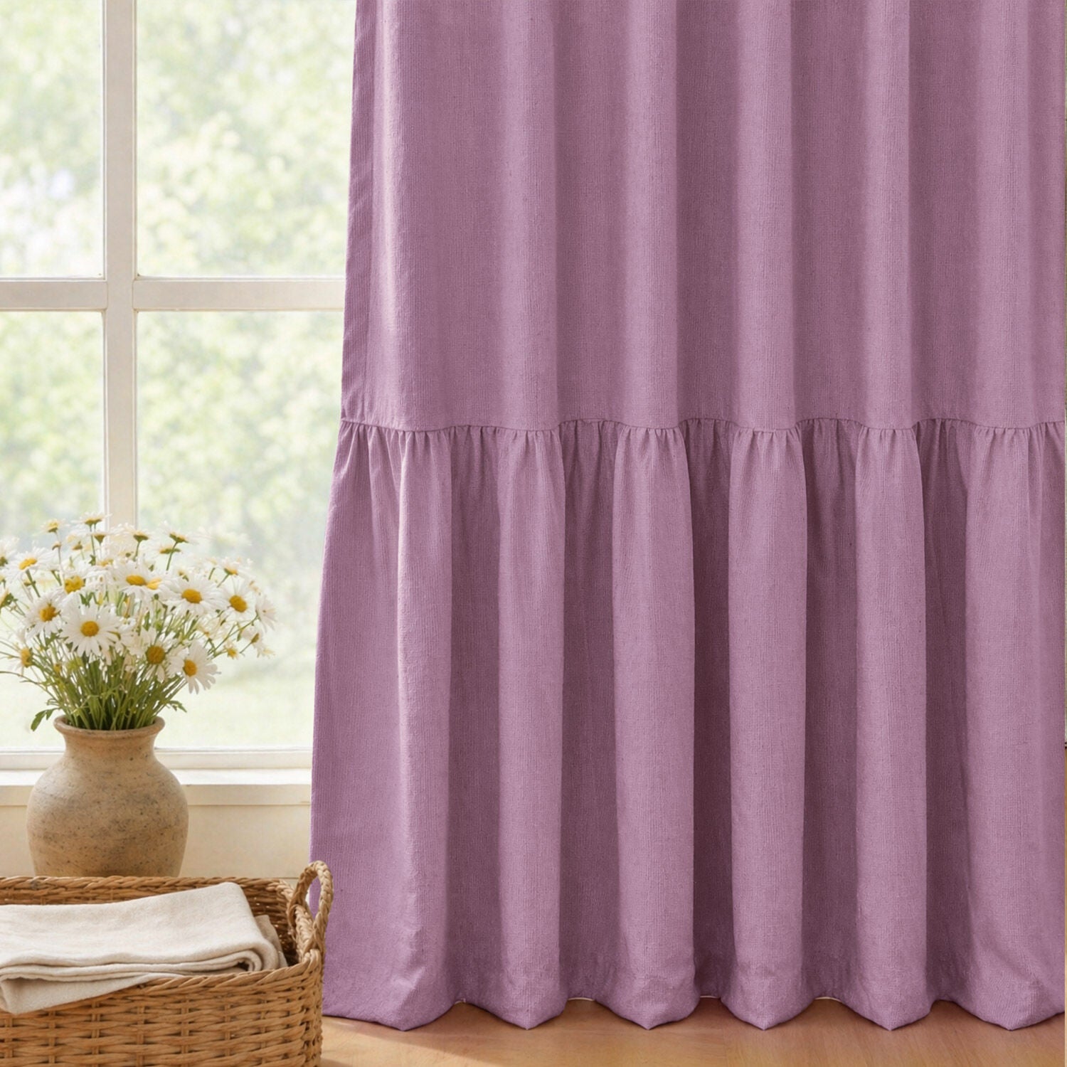 100% Blackout Recycled Cotton Ruffle Curtain Pair, BLEACHED MAUVE, alternate image number 3