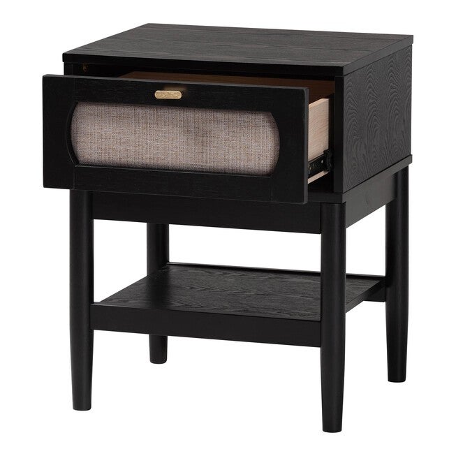 Shirin Mid-Century Beige Fabric and Black Wood 1-Drawer Nightstand, BEIGE/BLACK, alternate image number 2