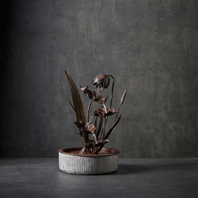 Brushed Metal Floral Fountain With Bird Accents 24 inchesH, , on-hover image number 1