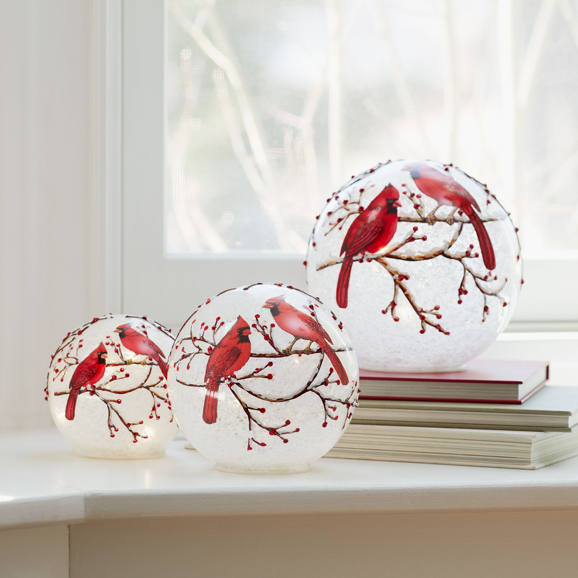LED Frosted Cardinal Orb with Berry Branch Design (Set of 3), WHITE RED, alternate image number 1
