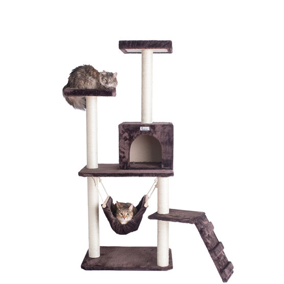 4 Level Gleepet Real Wood 57" Condo Cat Tree With Ramp, Hammock, COFFEE BROWN, hi-res image number null