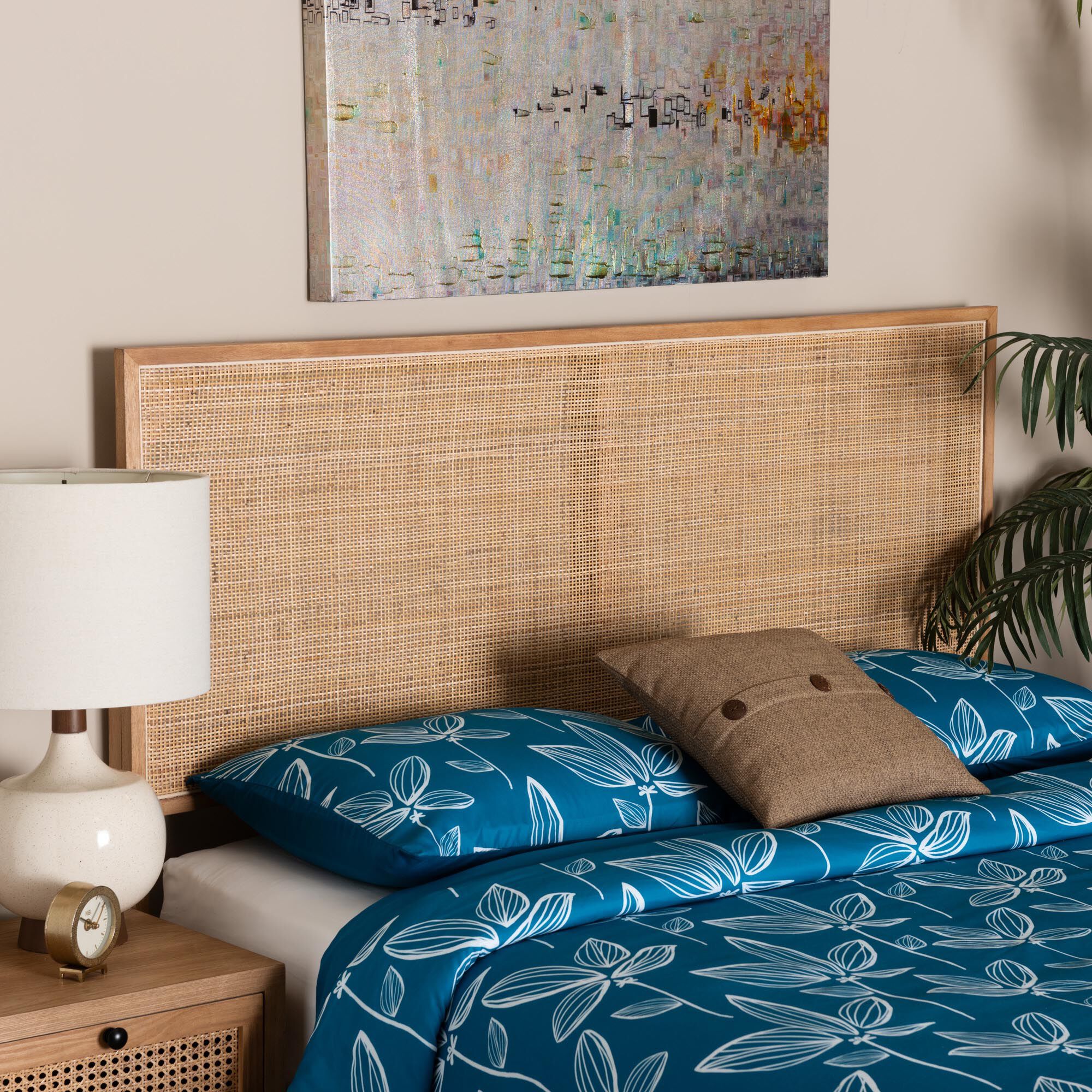 Aurelia Modern Bohemian Natural Brown Finished Bayur Wood and Rattan Queen Size Headboard, NATURAL BROWN, hi-res image number 0