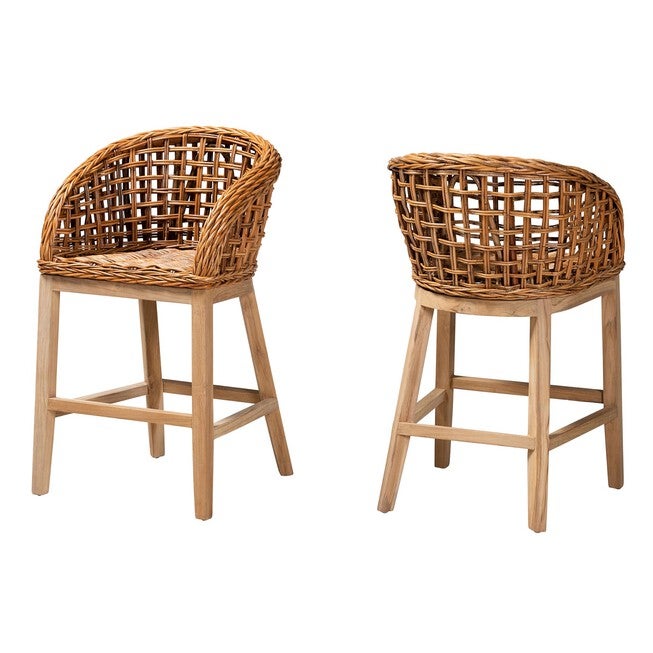Mario Modern Bohemian Natural Brown Finished Teak Wood And Rattan 2-Piece Counter Stool Set, NATURAL BROWN RATTAN, hi-res image number 0
