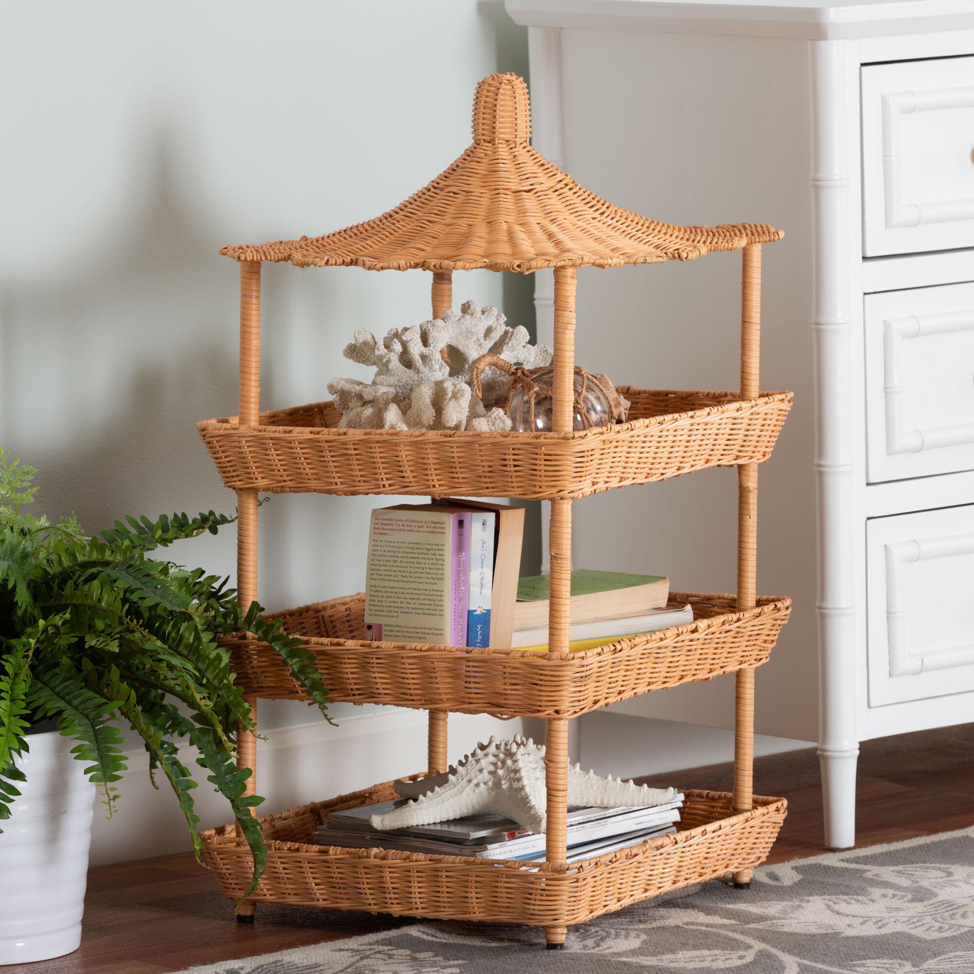 Asante Natural Rattan 3-Tier Display Shelf with Pagoda Top