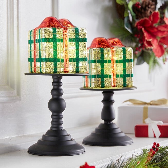14½"H Pre-Lit Gift Box on Stand, RED GREEN, hi-res image number null