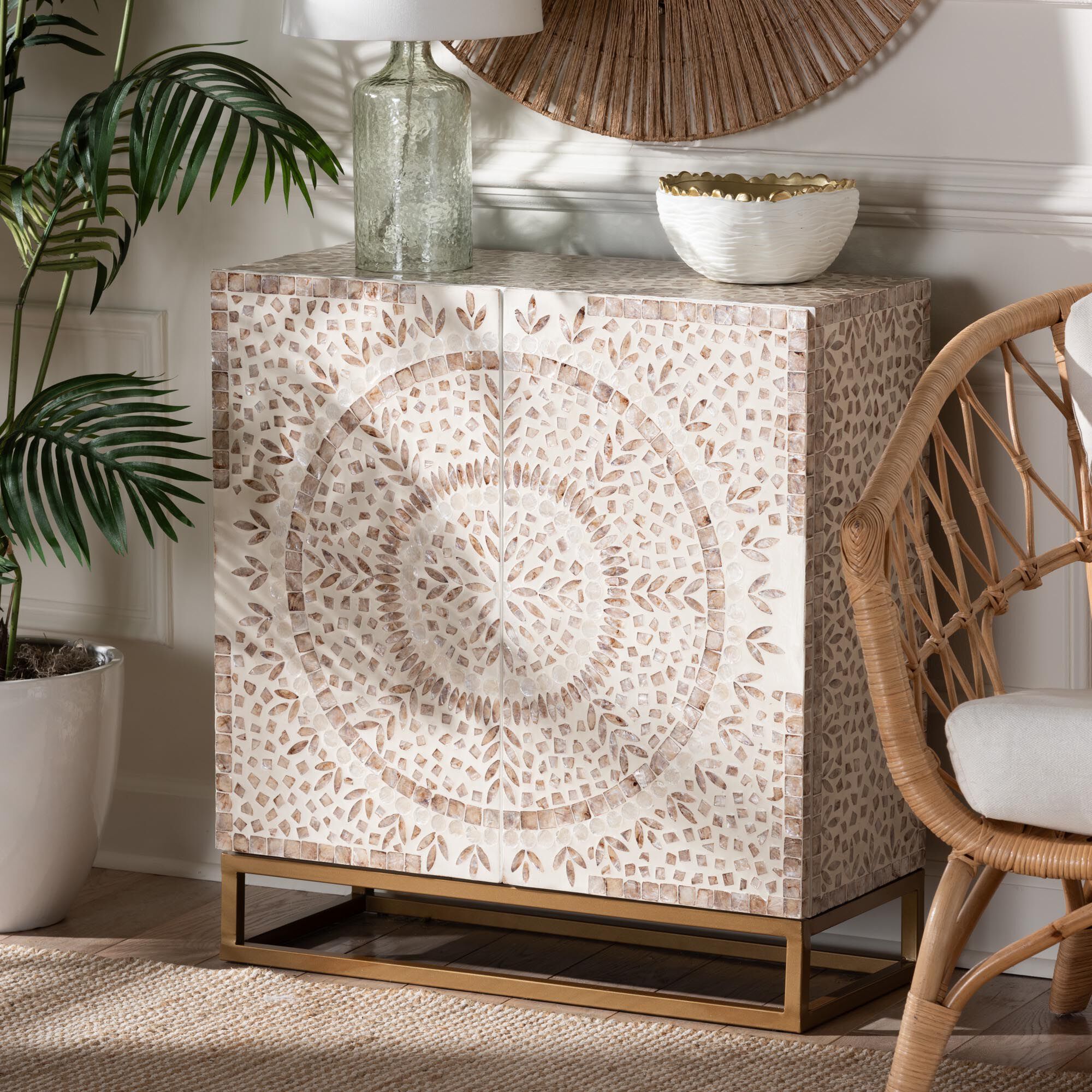 Ercilia Modern Bohemian White and Rustic Brown Mother of Pearl Storage Cabinet