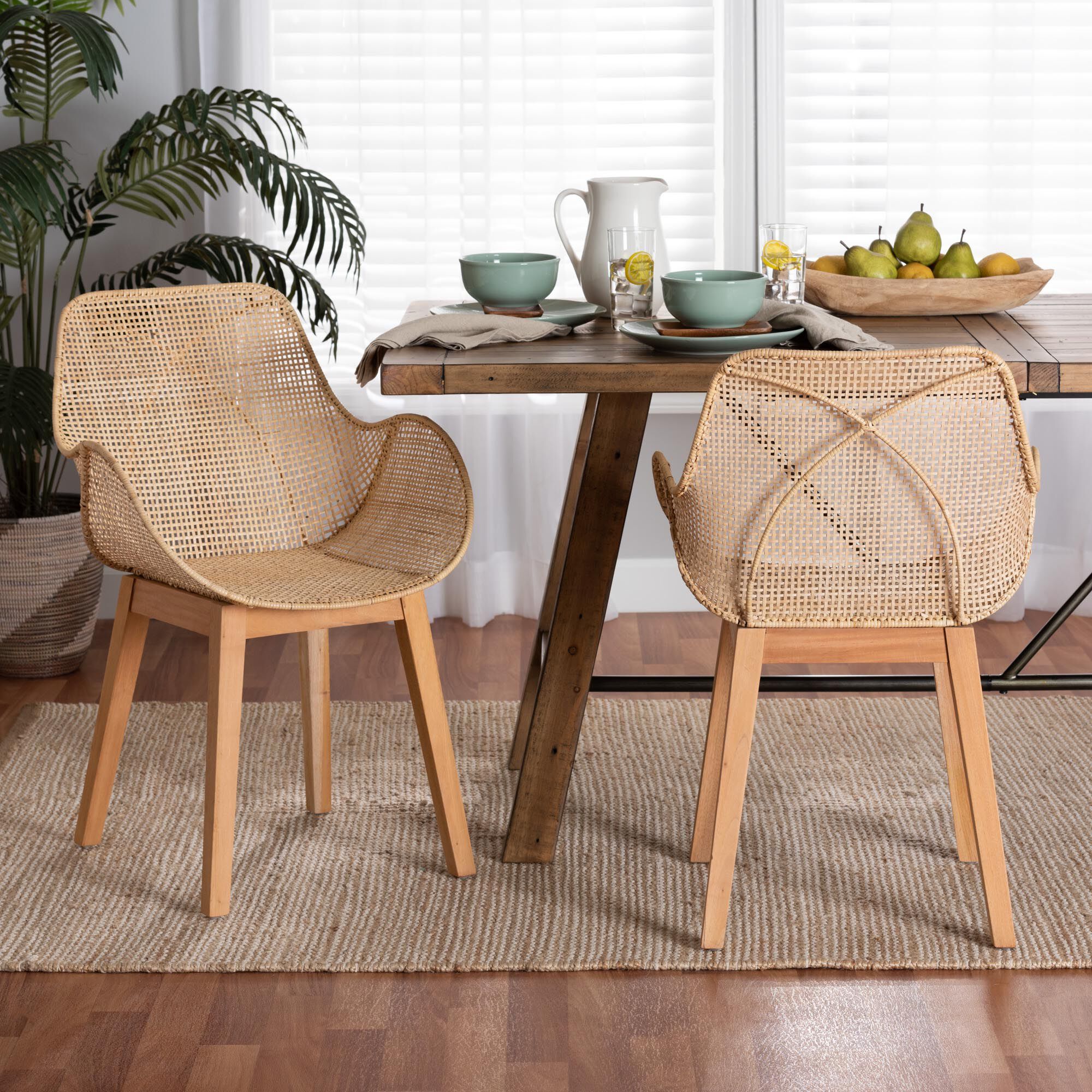 Ballerina Japandi Natural Brown Finished Mahogany Wood and Rattan 2-Piece Dining Chair Set, NATURAL BROWN, hi-res image number 0
