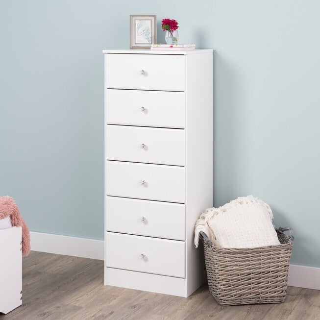 Astrid 6-Drawer Tall Chest with Acrylic Knobs, White, WHITE, hi-res image number null