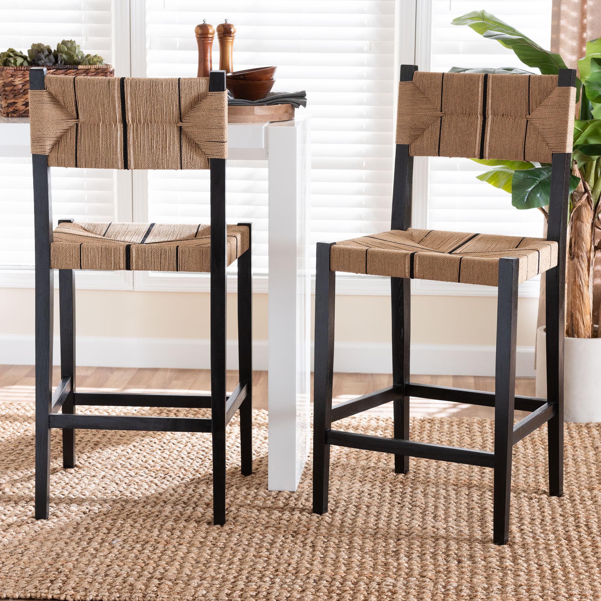 Prita Bohemian Paper Loom and Natural Mahogany Wood 2-Piece Bar Stool Set, BROWN, hi-res image number 0