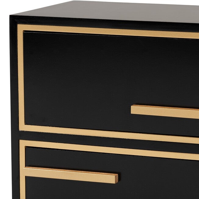 Giolla Contemporary Glam And Luxe Black Finished Wood And Gold Metal 2-Drawer Nightstand, , alternate image number null