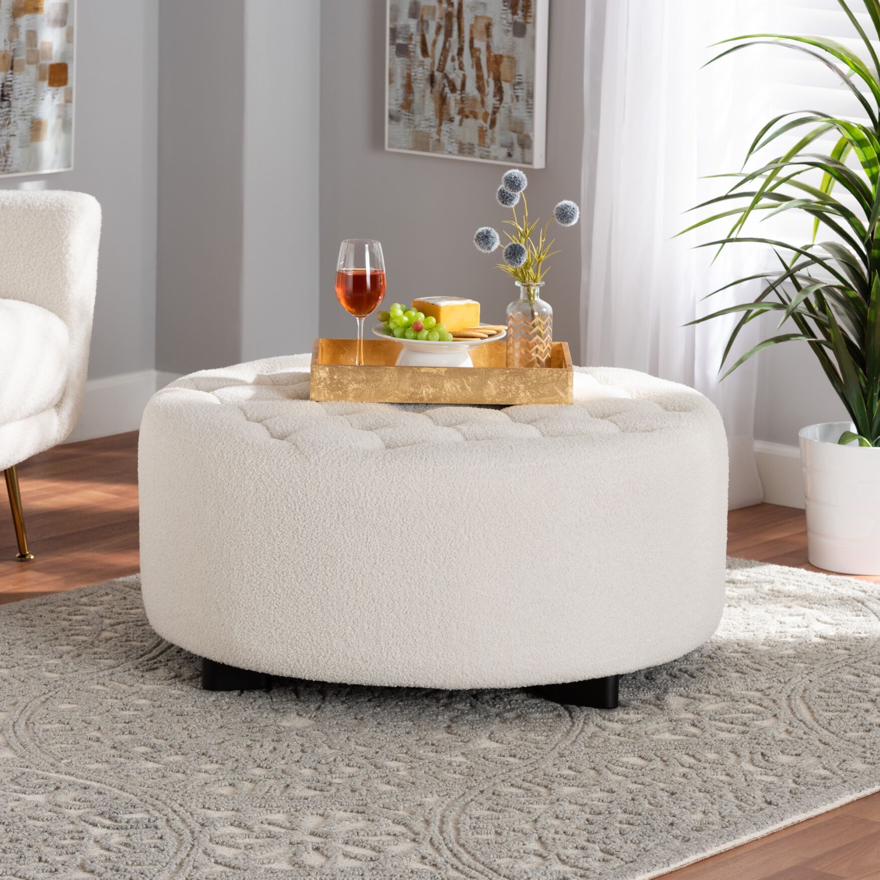 Athena Modern And Contemporary Ivory Boucle Upholstered And Black Finished Wood Round Ottoman, , alternate image number 4