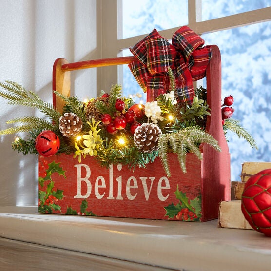 Pre-Lit "Believe" Wooden Basket, MULTI, hi-res image number null