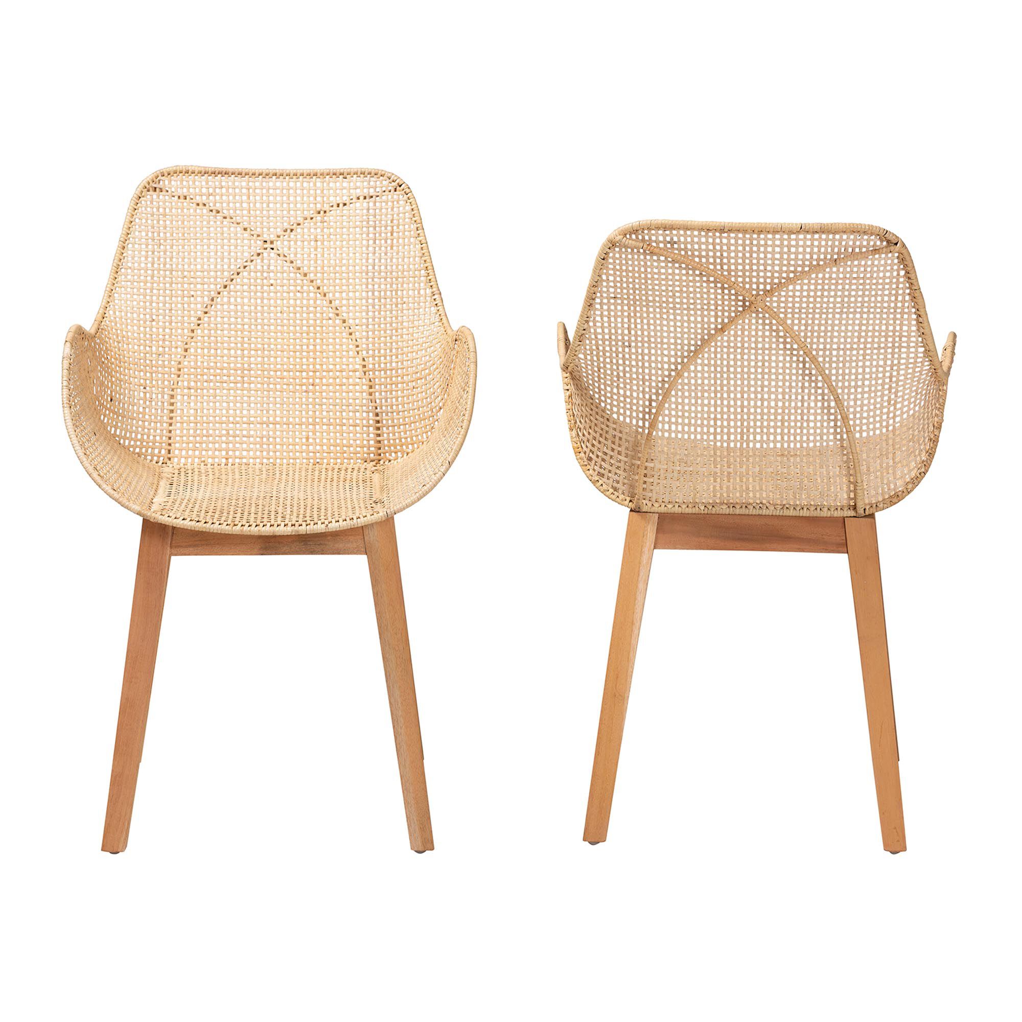 Ballerina Japandi Natural Brown Finished Mahogany Wood and Rattan 2-Piece Dining Chair Set, NATURAL BROWN, alternate image number 3