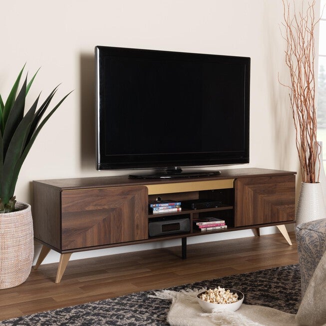 Graceland Mid-Century Modern Transitional Walnut Brown Finished Wood 2-Door TV Stand, GOLD, hi-res image number 0