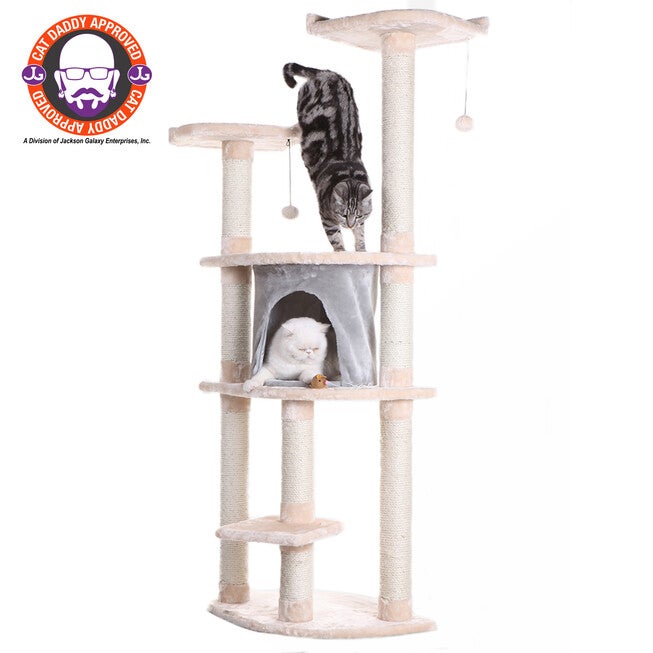 64 inches Real Wood Cat Tree With Sractch Sisal Post, Soft-Side Playhouse, ALMOND, hi-res image number 0