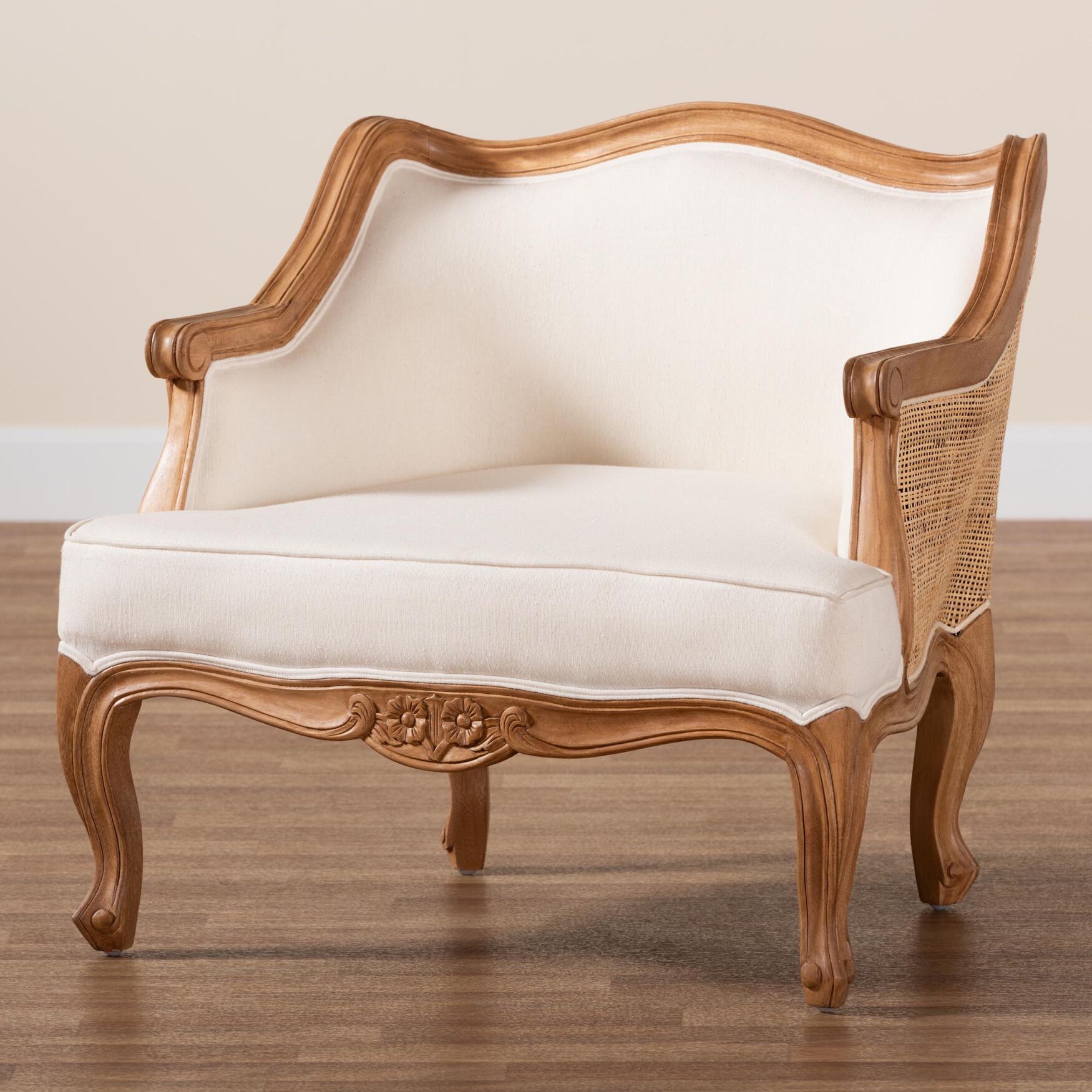 Sylvestra Traditional French Beige Fabric And Honey Oak Finished Wood Low Seat Accent Chair, , alternate image number 7