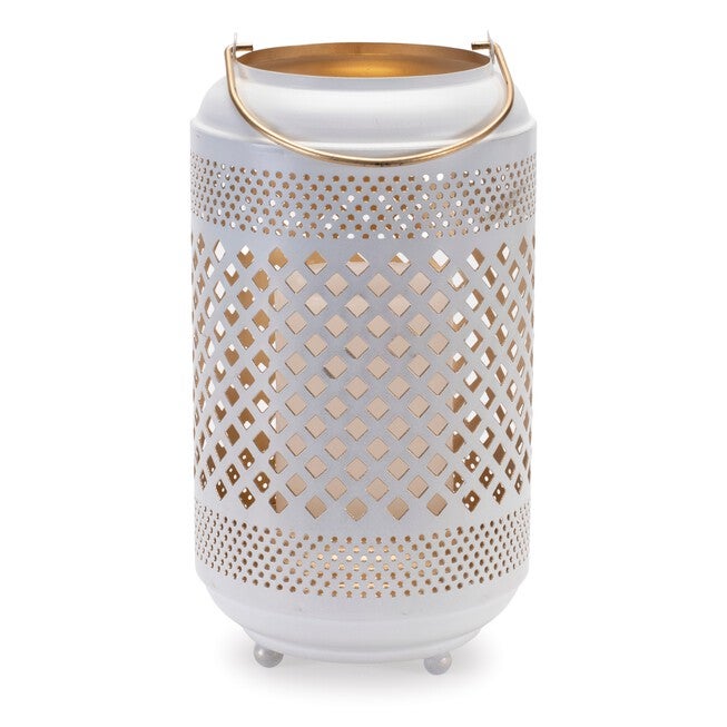Lattice Punched Metal Lantern with Gold Accent 13.75 inchesH, WHITE/GOLD, alternate image number null