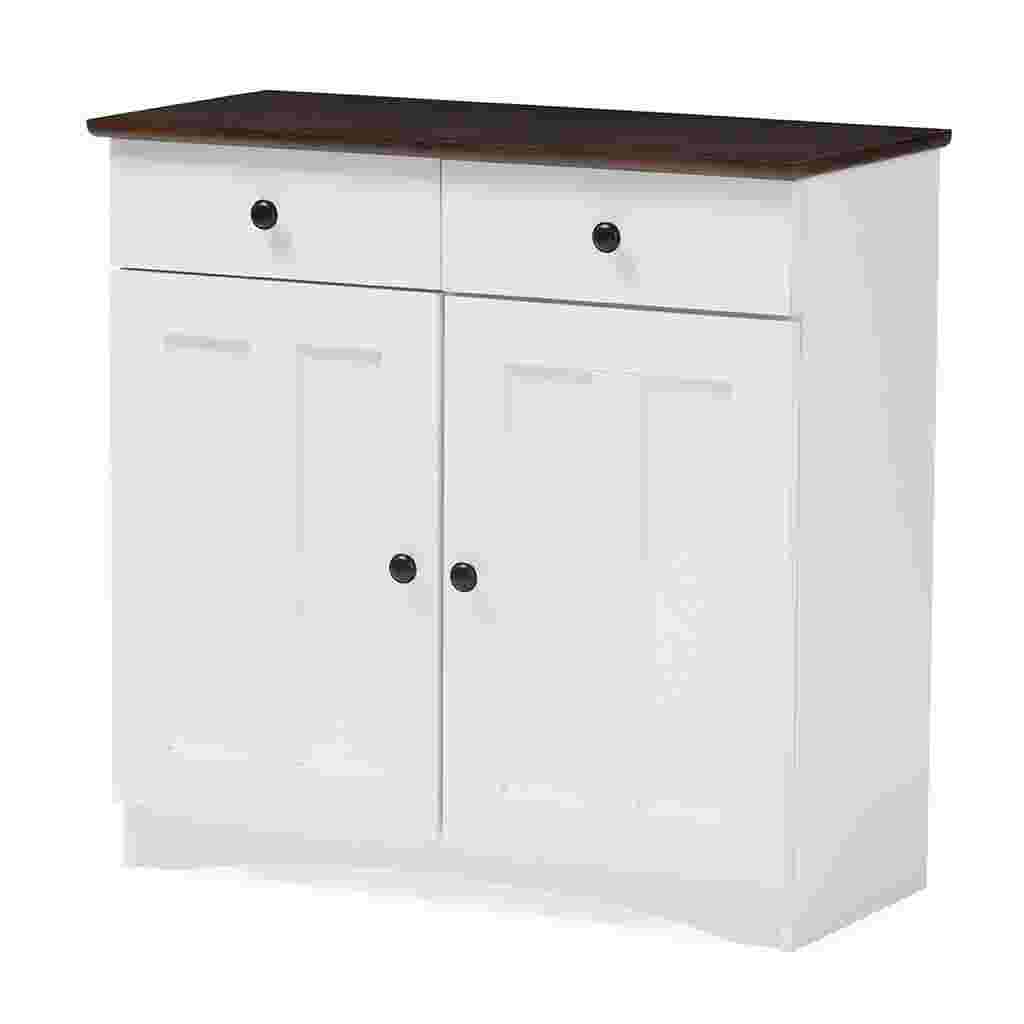 White kitchen cabinet with two doors and two drawers, dark wood top
