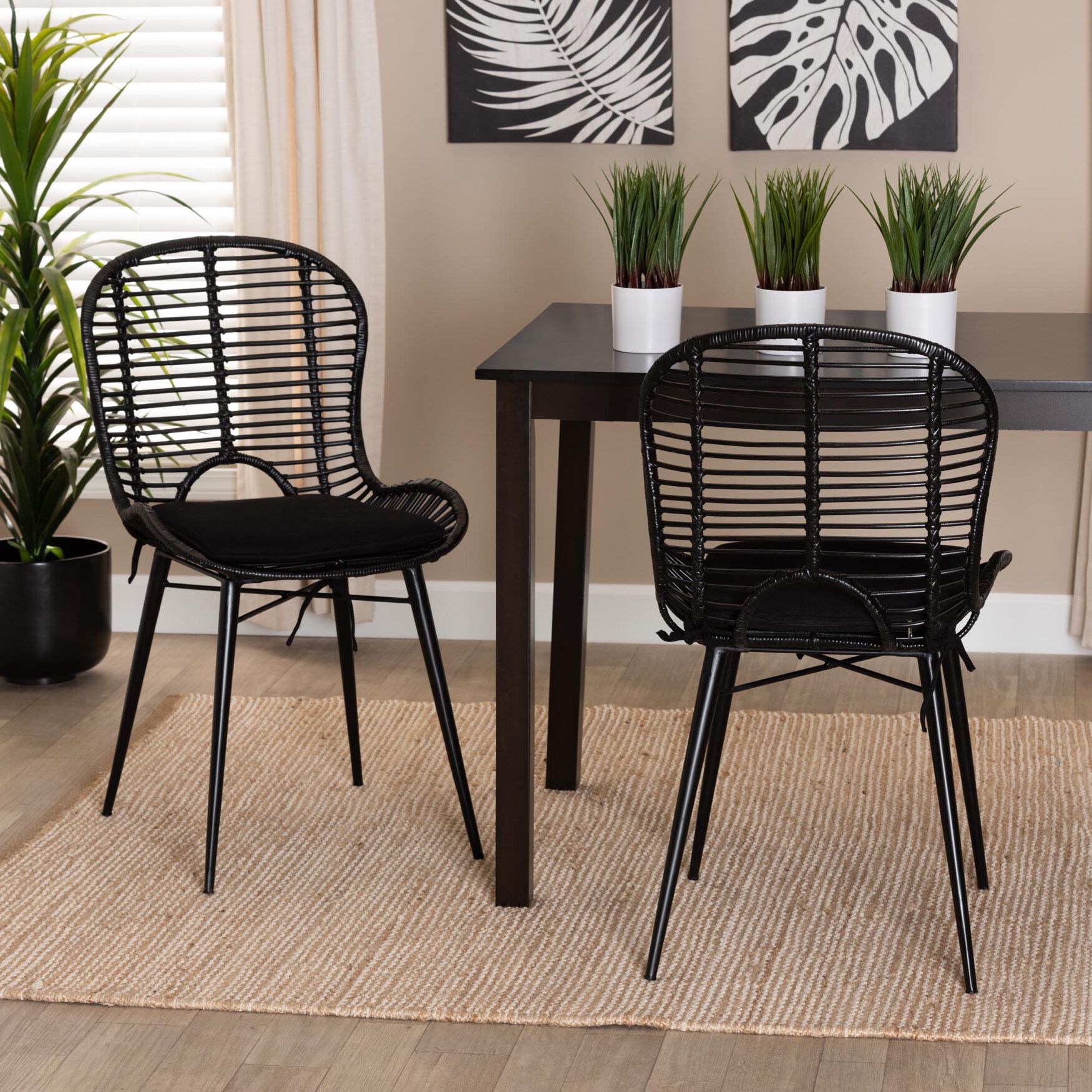 Brenna Modern Bohemian Greywashed Rattan And Black Metal Dining Chair, , alternate image number 12