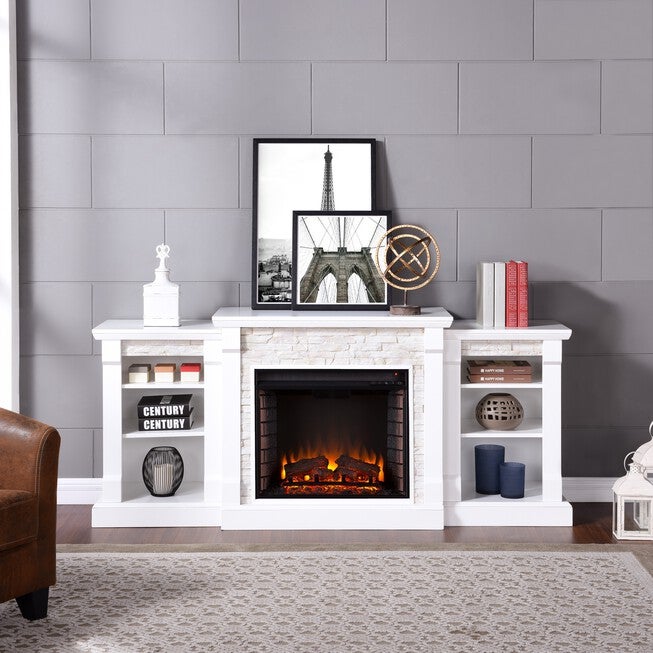 Gallatin Simulated Stone Electric Fireplace with Bookcases, WHITE, hi-res image number 0