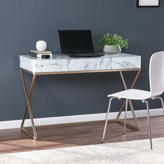 Kamblemore Faux Marble Writing Desk W Storage, GRAY, hi-res image number null