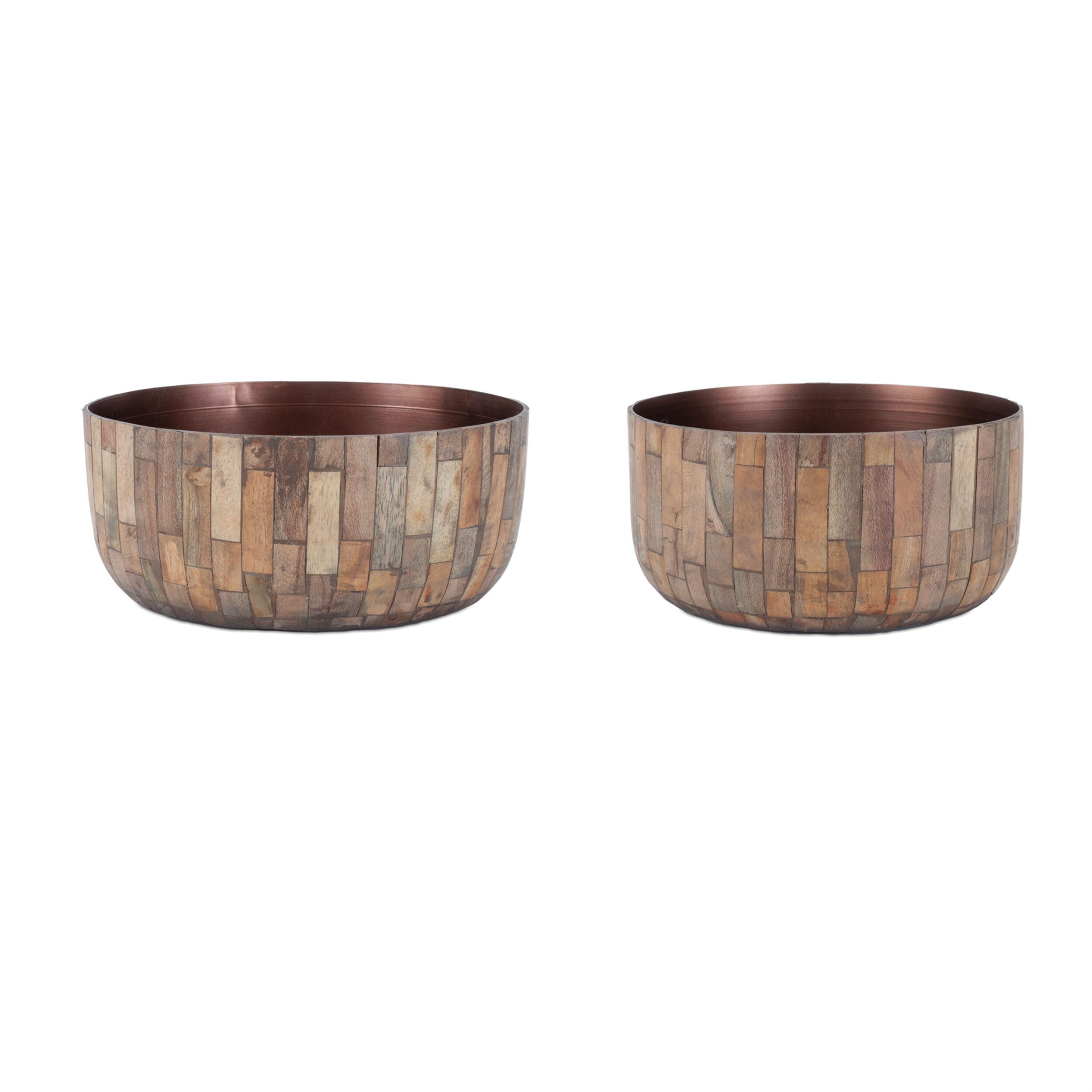 Round Wooden Bowl Planter Set of 2, BROWN, hi-res image number 0