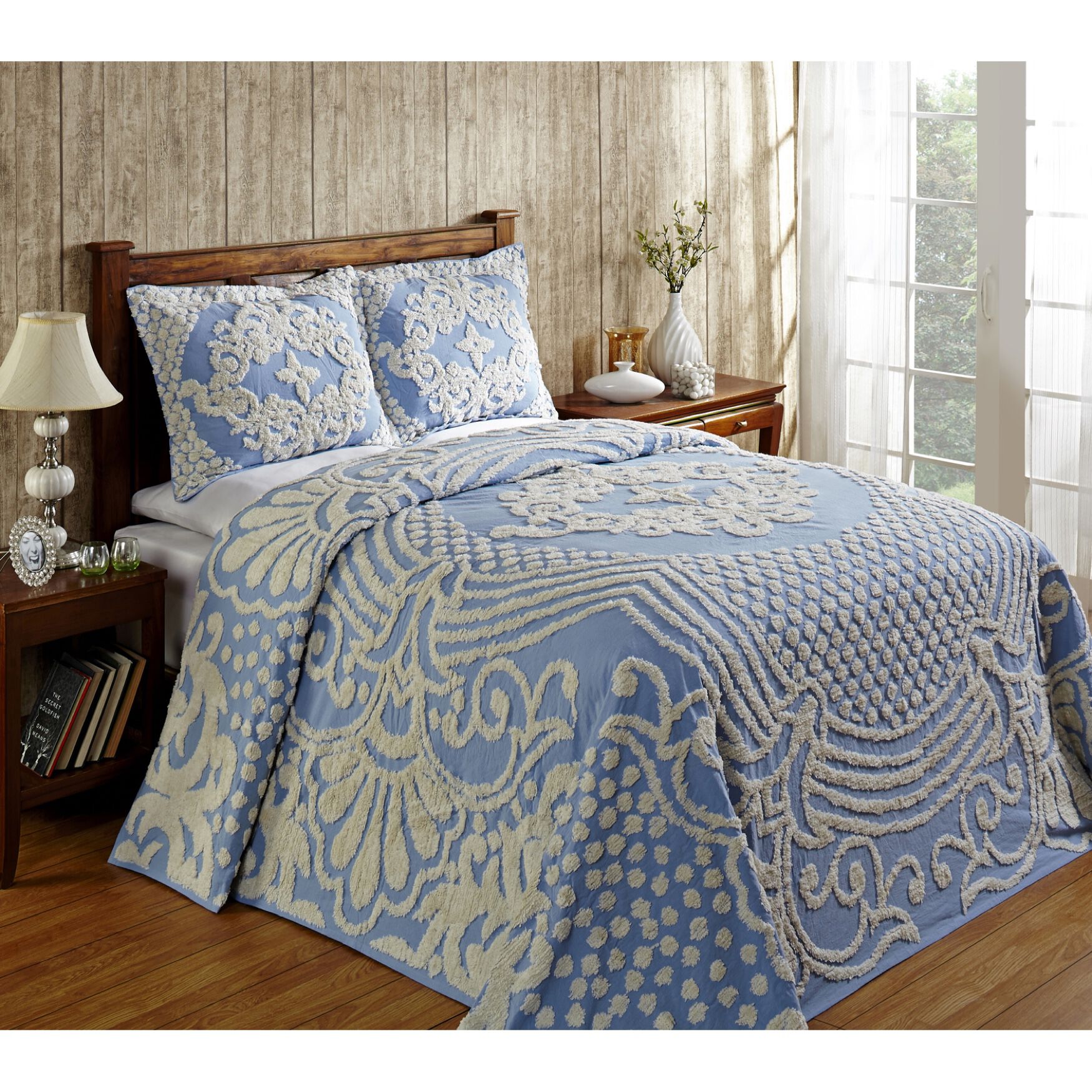 Tufted Chenille Bedspread , BLUE, hi-res image number 0
