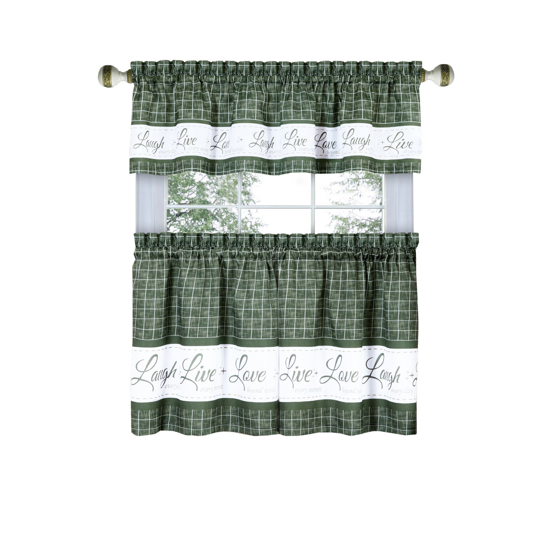 Live, Love, Laugh Window Curtain Tier Pair and Valance Set - 58x24, GREEN, hi-res image number 0