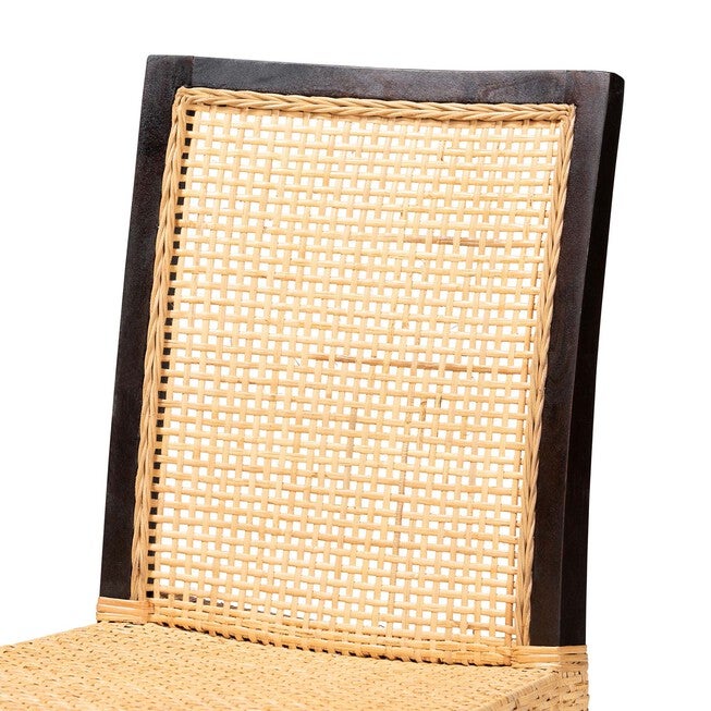 Lingga Modern Bohemian Dark Brown Mahogany Wood And Natural Rattan Dining Chair, , alternate image number null