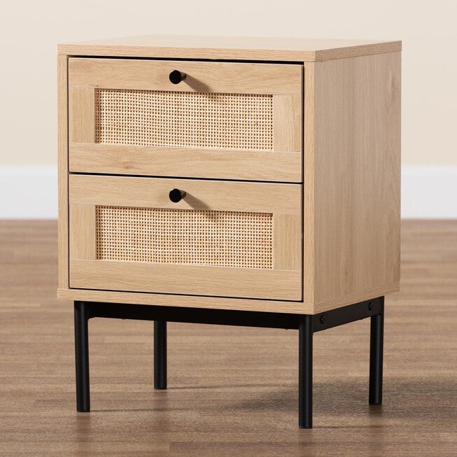 Sherwin Mid-Century Modern Light Brown And Black 2-Drawer End Table With Woven Rattan Accent, , alternate image number null
