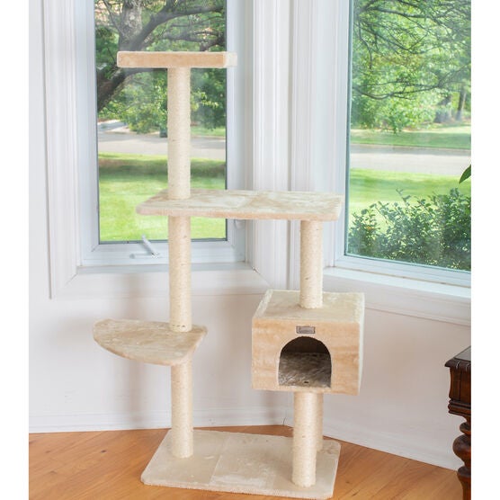 Gleepet 57" Beige Real Wood Cat Tree With Playhouse And Perch, , alternate image number null