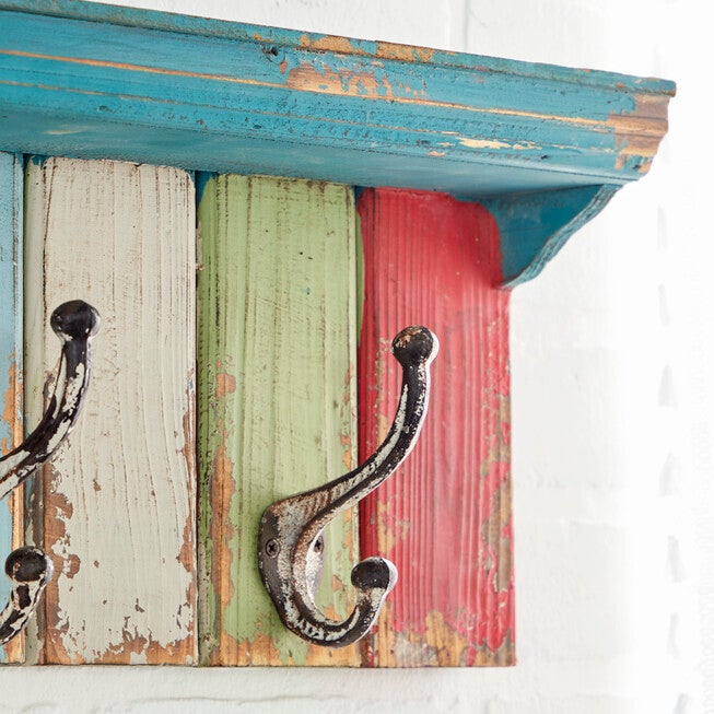 Multi Color Wood Coastal Wall Hooks With Shelf Wall Hook, , alternate image number null