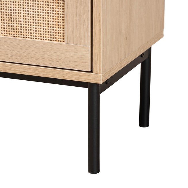 Sherwin Mid-Century Modern Light Brown And Black 2-Drawer End Table With Woven Rattan Accent, , alternate image number null