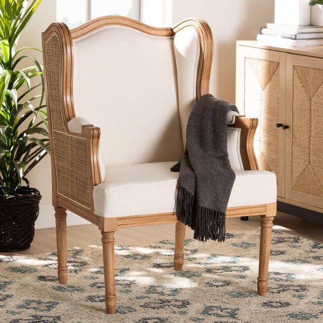 Rachana Traditional French Beige Fabric And Honey Oak Finished Wood Accent Chair, , alternate image number null
