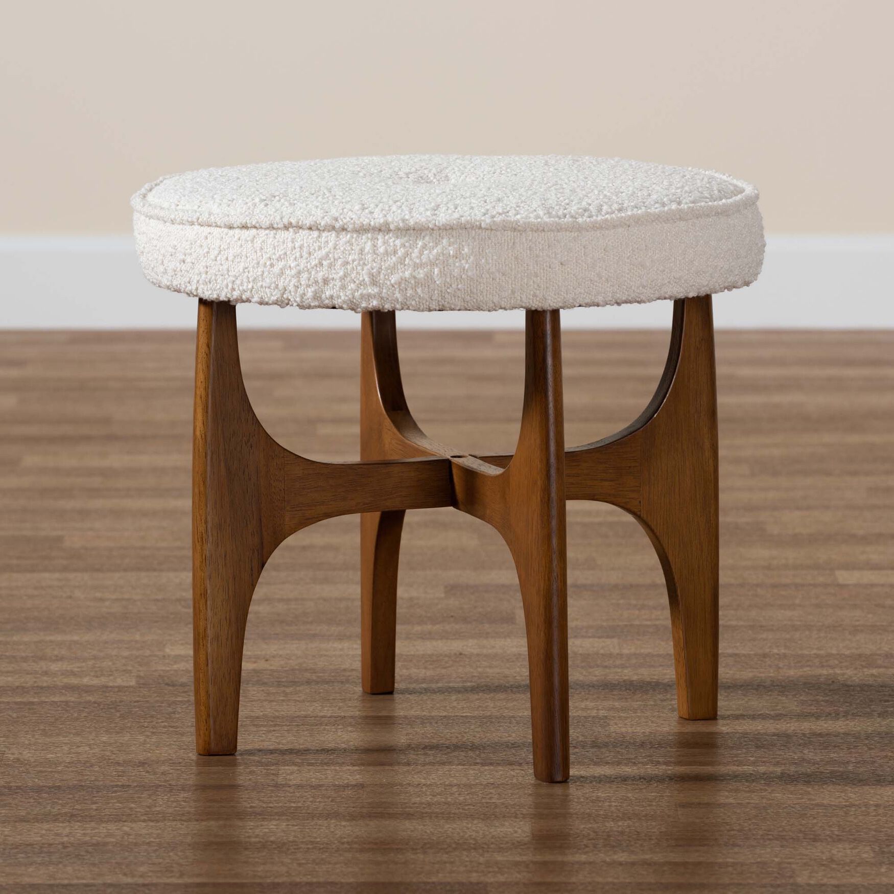 Theo Japandi Cream Boucle Fabric And Walnut Brown Finished Rubberwood Ottoman Footstool, , alternate image number 4