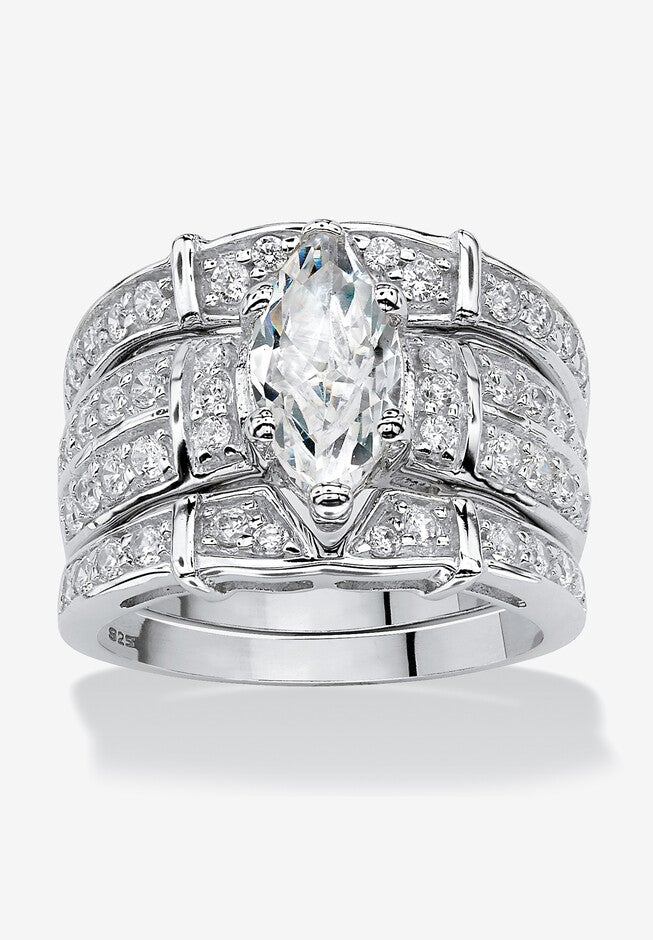 Silver Marquise Cut 3 Piece Multi Row Bridal Ring Set Cubic Zirconia, SILVER, hi-res image number 0
