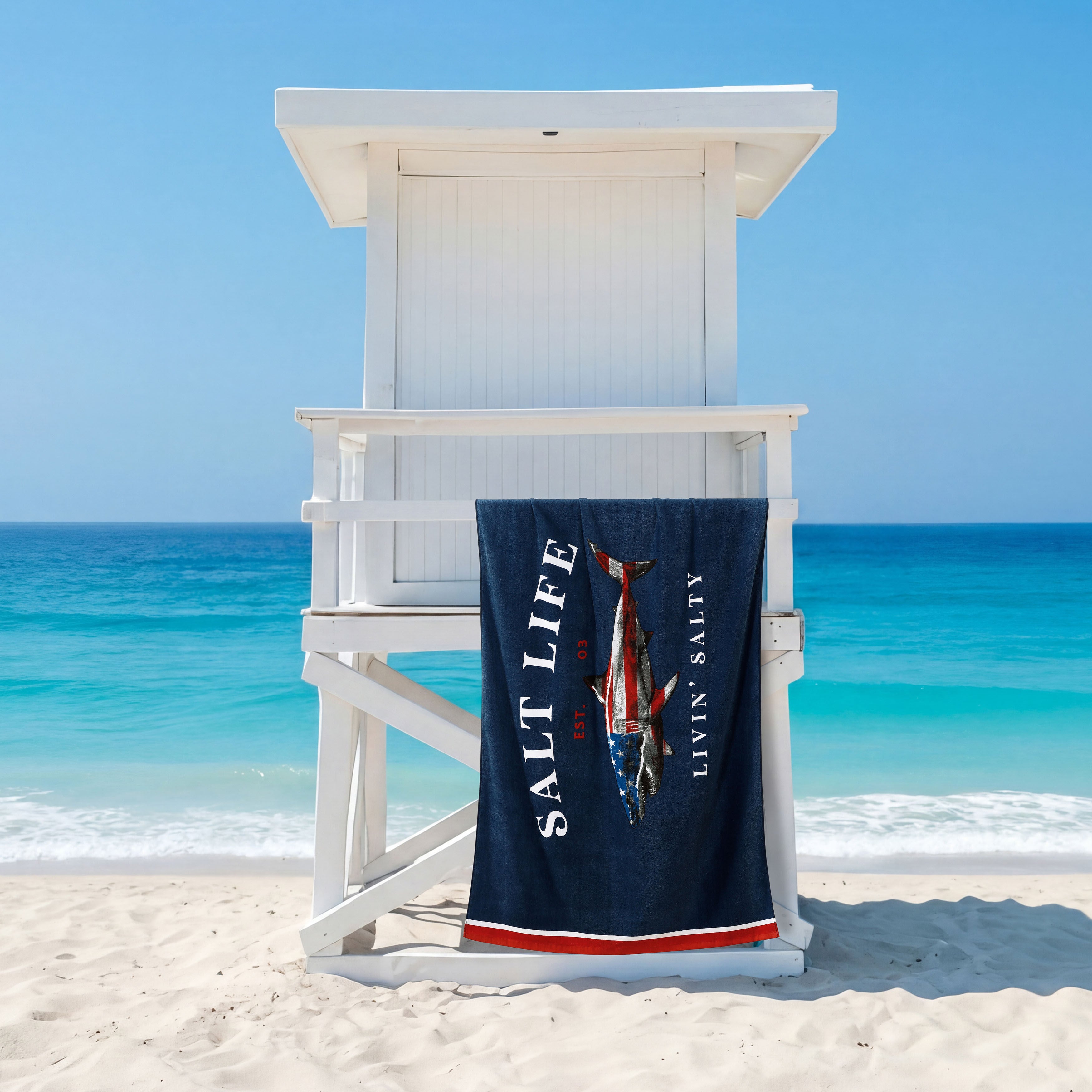 American Shark Beach Towel, NAVY, hi-res image number 0