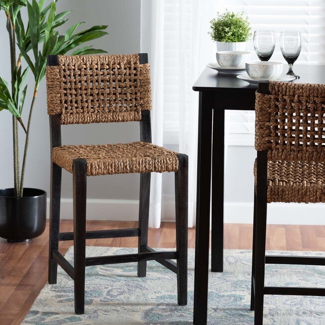 Alise Modern Bohemian Dark Brown Mahogany Wood And Seagrass Counter Stool, , alternate image number null