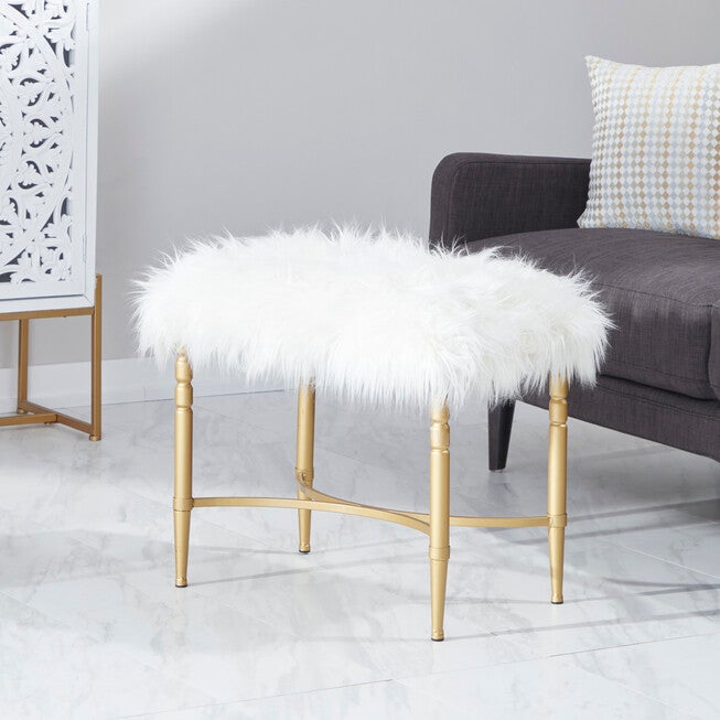 Gold Fur and Metal Contemporary Stool, 20x26x18, , alternate image number null