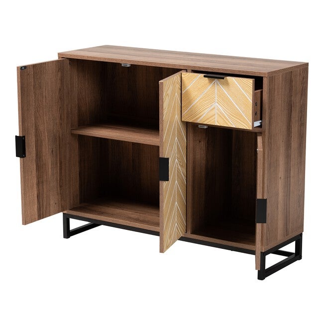 Josephine Mid-Century Modern Transitional Two-Tone Walnut And Natural Brown Finished Wood And Black Metal 3-Door Sideboard, , on-hover image number null