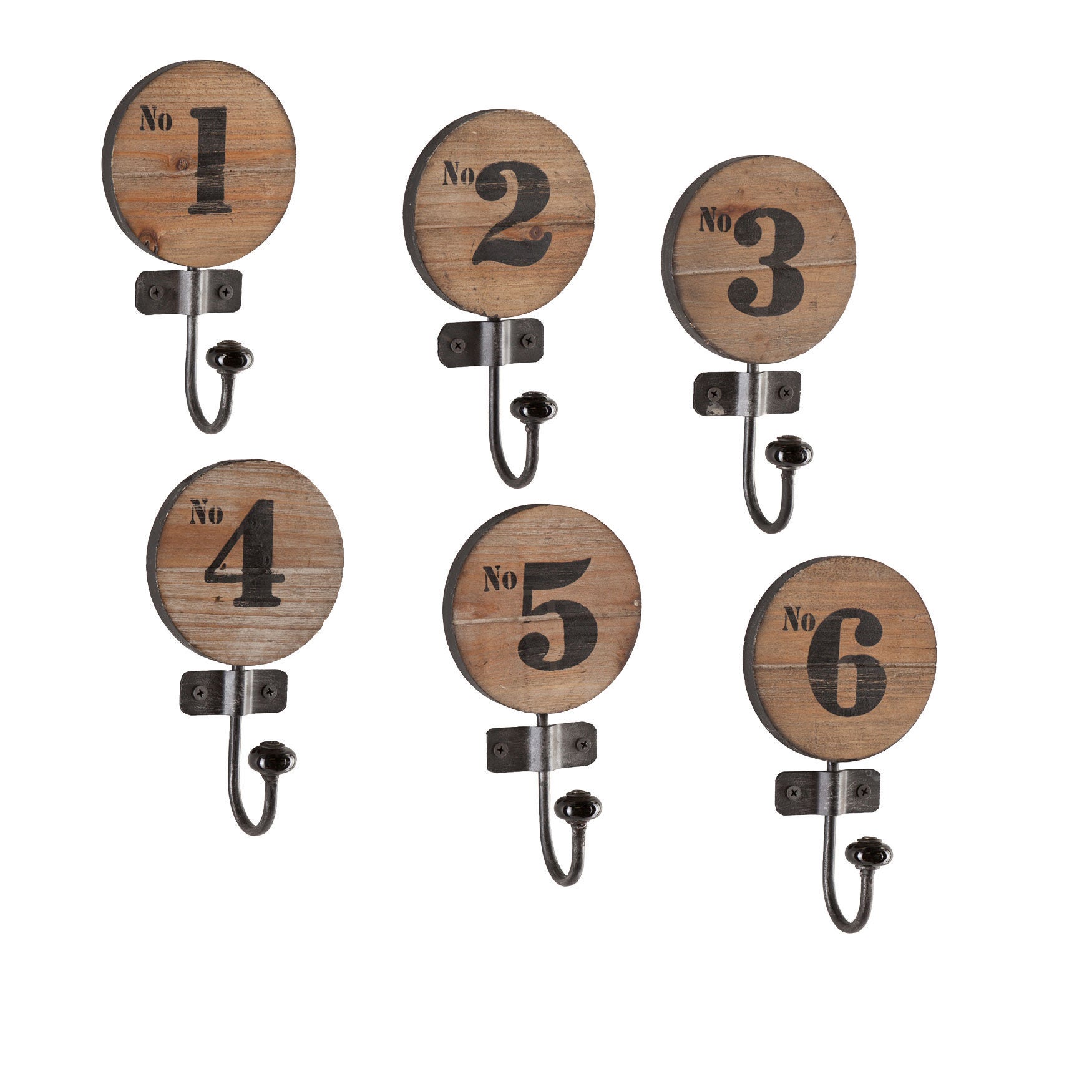 Rustic Wooden Numbered Hooks Set of Six Brylane Home