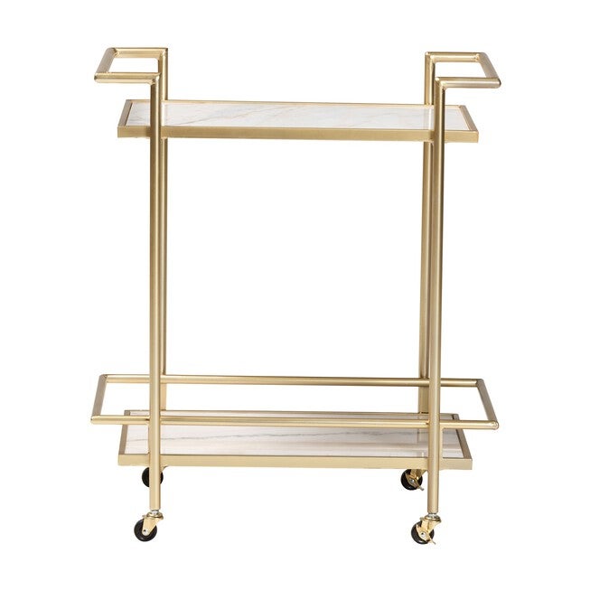 Louise Contemporary Glam And Luxe Gold Metal And White Marble 2-Tier Wine Cart, , on-hover image number null