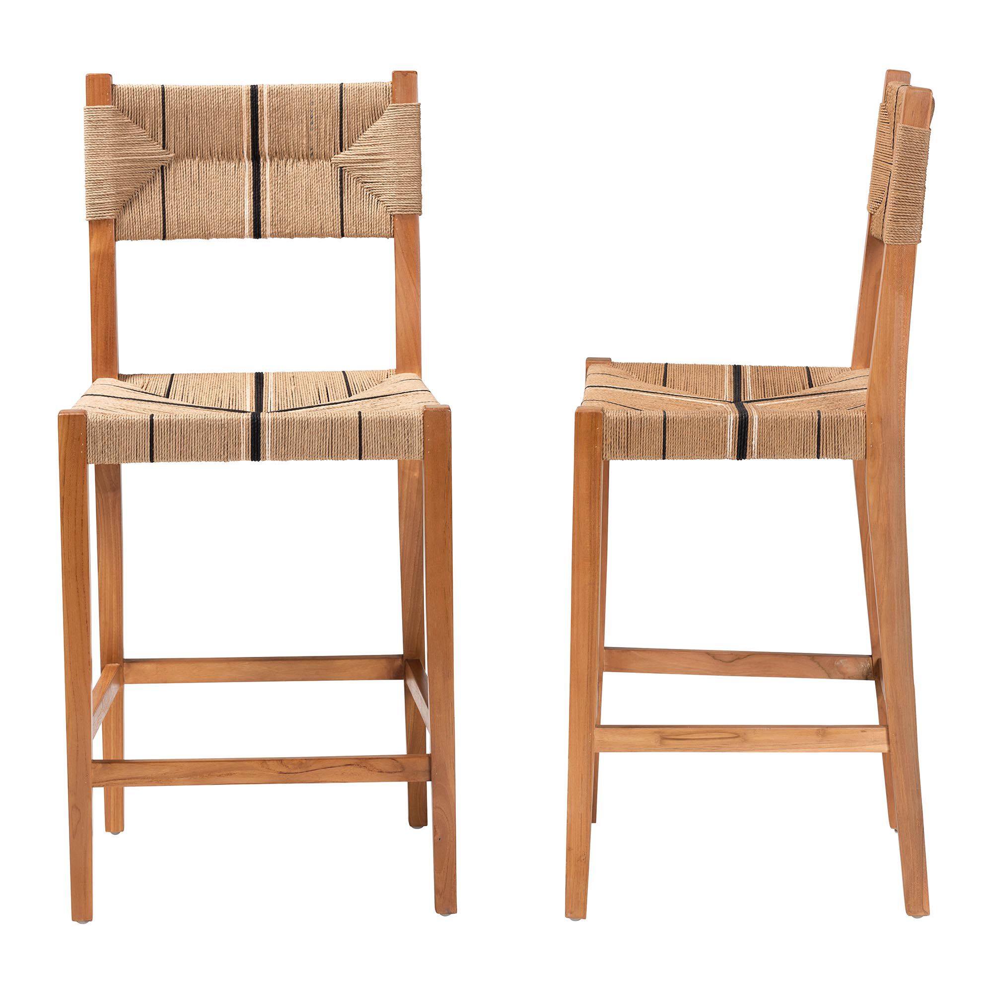 Prita Bohemian Paper Loom and Natural Mahogany Wood 2-Piece Bar Stool Set, BROWN, alternate image number 3