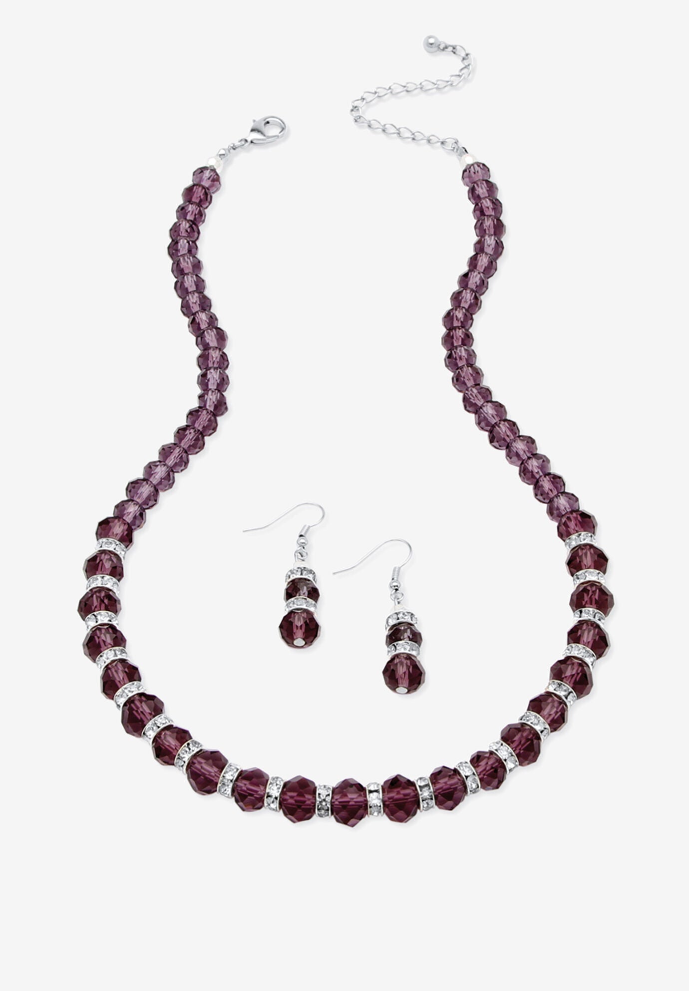 Silver Tone Graduated Necklace & Earring Set Simulated 18 inches plus 2 inches ext, FEBRUARY, hi-res image number 0