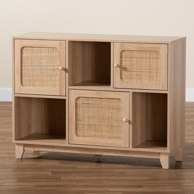 Elsbeth Mid-Century Modern Light Brown Finished Wood And Natural Rattan 3-Door Sideboard, , alternate image number 8