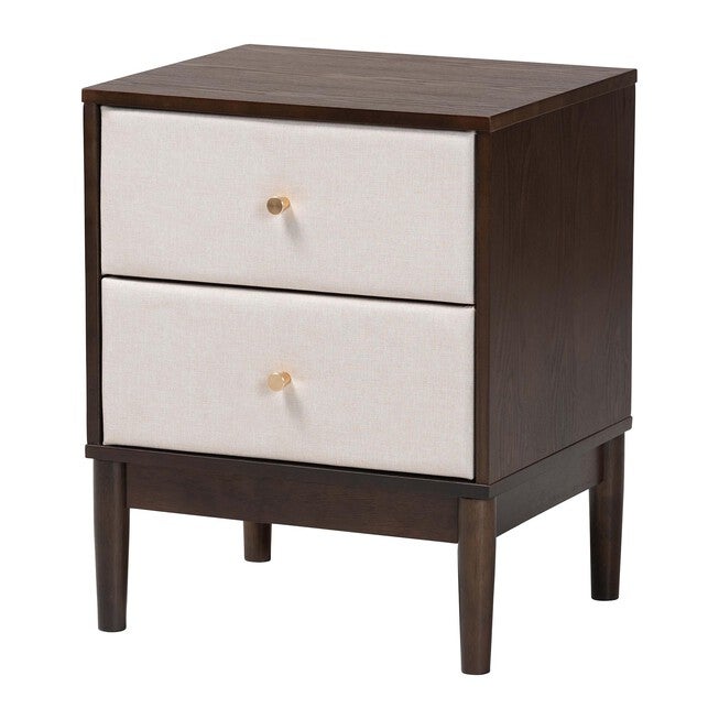 Nikolai Mid-Century Beige Fabric and Wenge Brown Wood 2-Drawer Nightstand, BEIGE/WENG, alternate image number null